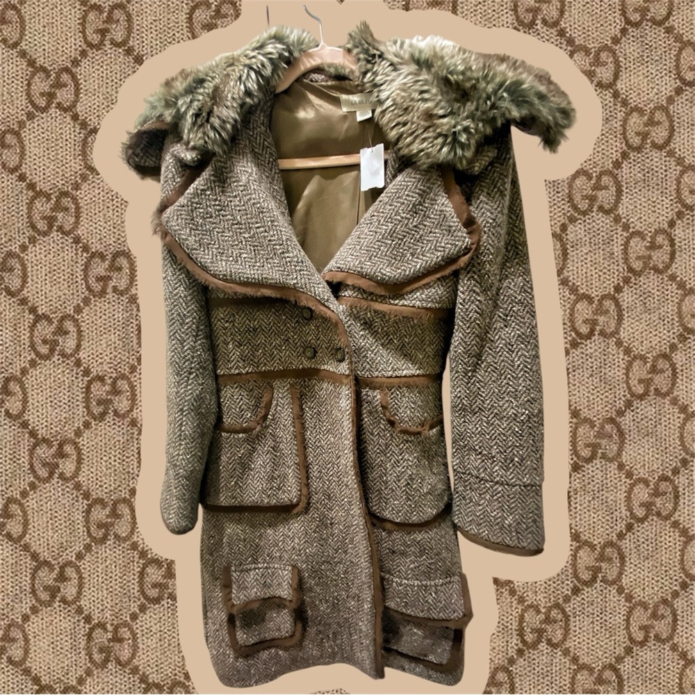 Gray Herringbone Trench Coat with Faux Fur Collar